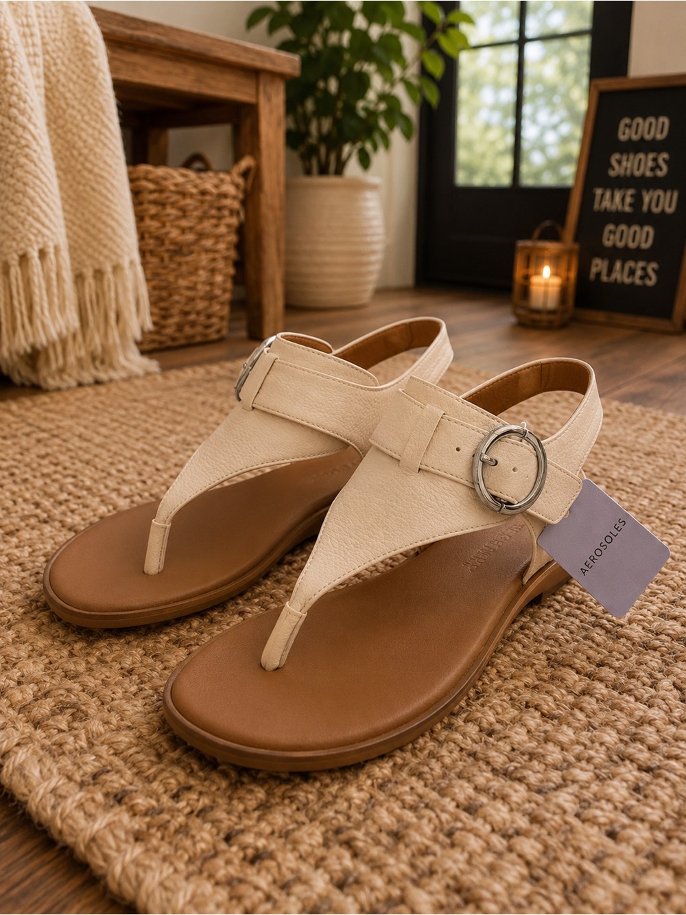 AEROSOLES Cream and Brown Slip-On Thong Sandals with Buckle Accent